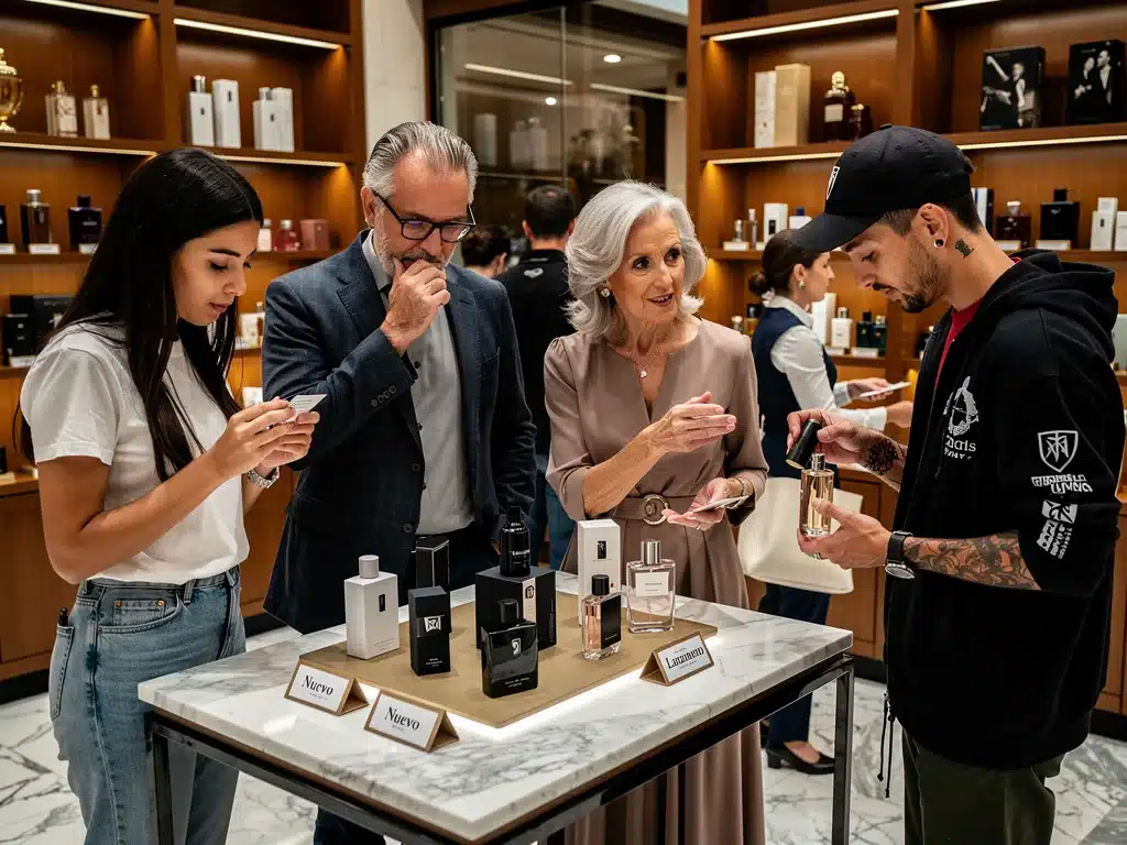 Consumidores españoles probando nuevas fragancias en una perfumería