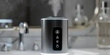 Dispositivo inteligente de perfume futurista y elegante, emitiendo una fina bruma aromática.