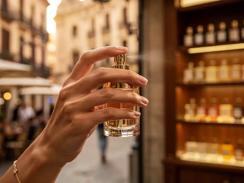 Persona probando una de las fragancias top en una perfumería española.