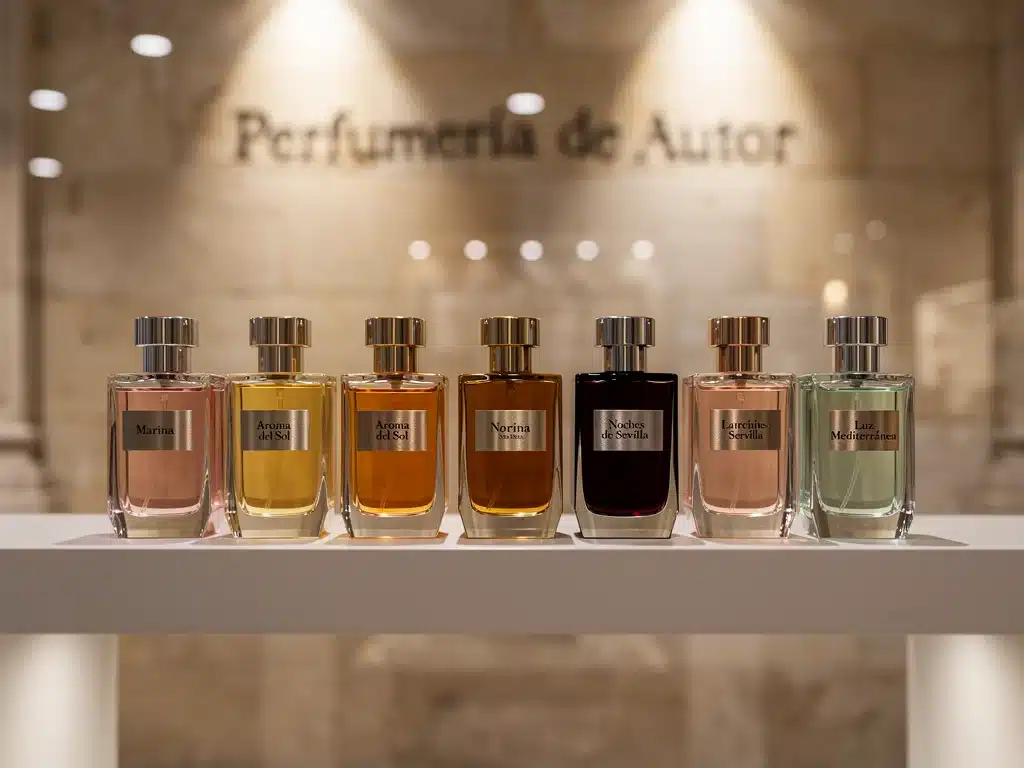 Exhibición de frascos de perfume personalizados con etiquetas únicas, mostrando la exclusividad de las fragancias a medida.