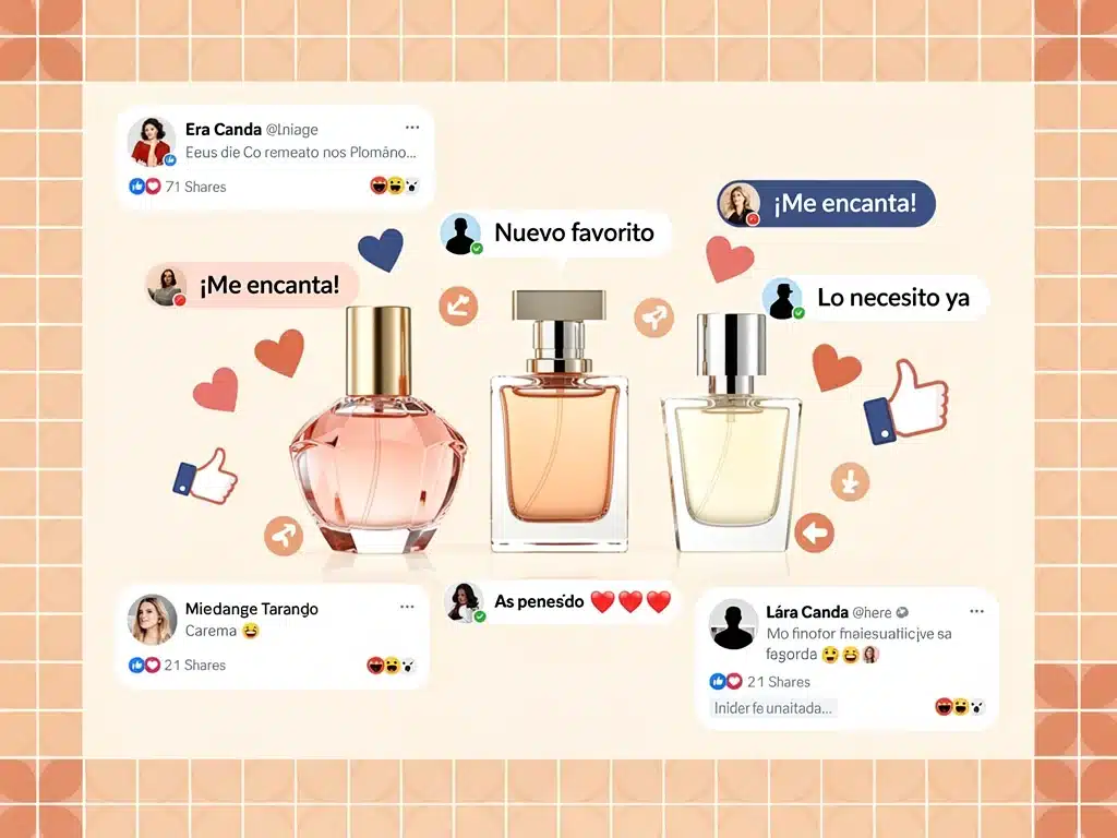 Collección de tres perfumes virales en redes sociales con indicadores de popularidad y engagement.