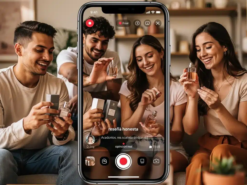 Influencers españoles y consumidores interactuando con perfumes, mostrando el impacto del contenido generado por usuarios.