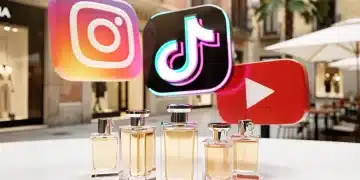 Iconos de redes sociales y frascos de perfume, simbolizando la influencia digital en el consumo de fragancias en España.