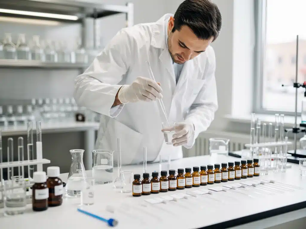 Perfumista analizando aceites esenciales y químicos aromáticos en laboratorio