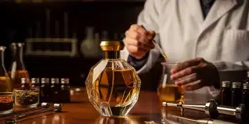 Perfume personalizado siendo creado por un experto perfumista en un laboratorio de lujo, con ingredientes y herramientas de alta calidad.