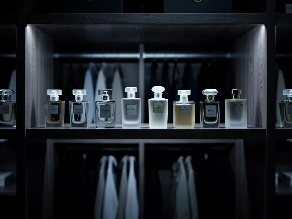 Armario oscuro y fresco con perfumes organizados, mostrando un almacenamiento ideal.