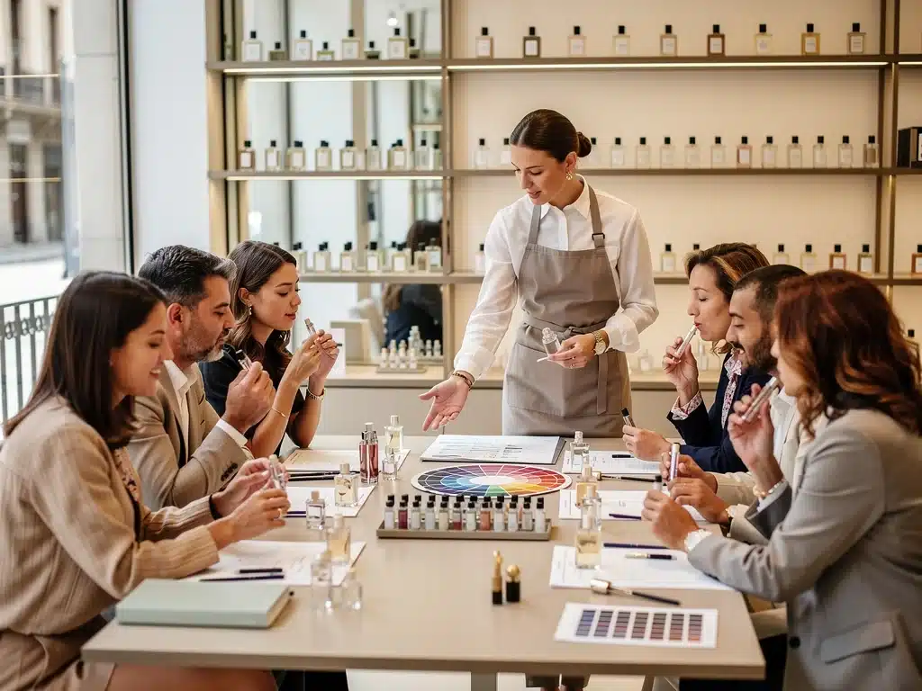 Clientes españoles participando en un taller de personalización de fragancias, eligiendo aromas y consultando a un perfumista.
