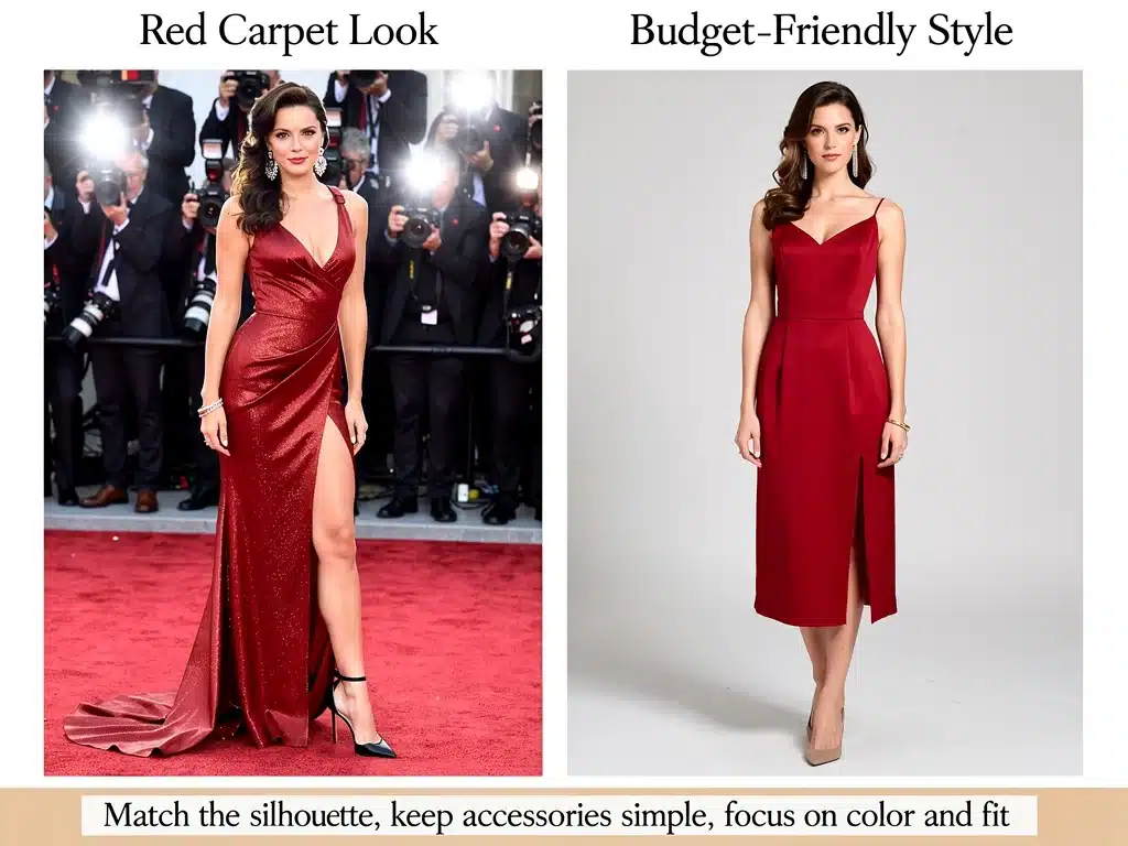 Comparación de look de celebridad y versión asequible para alfombra roja.