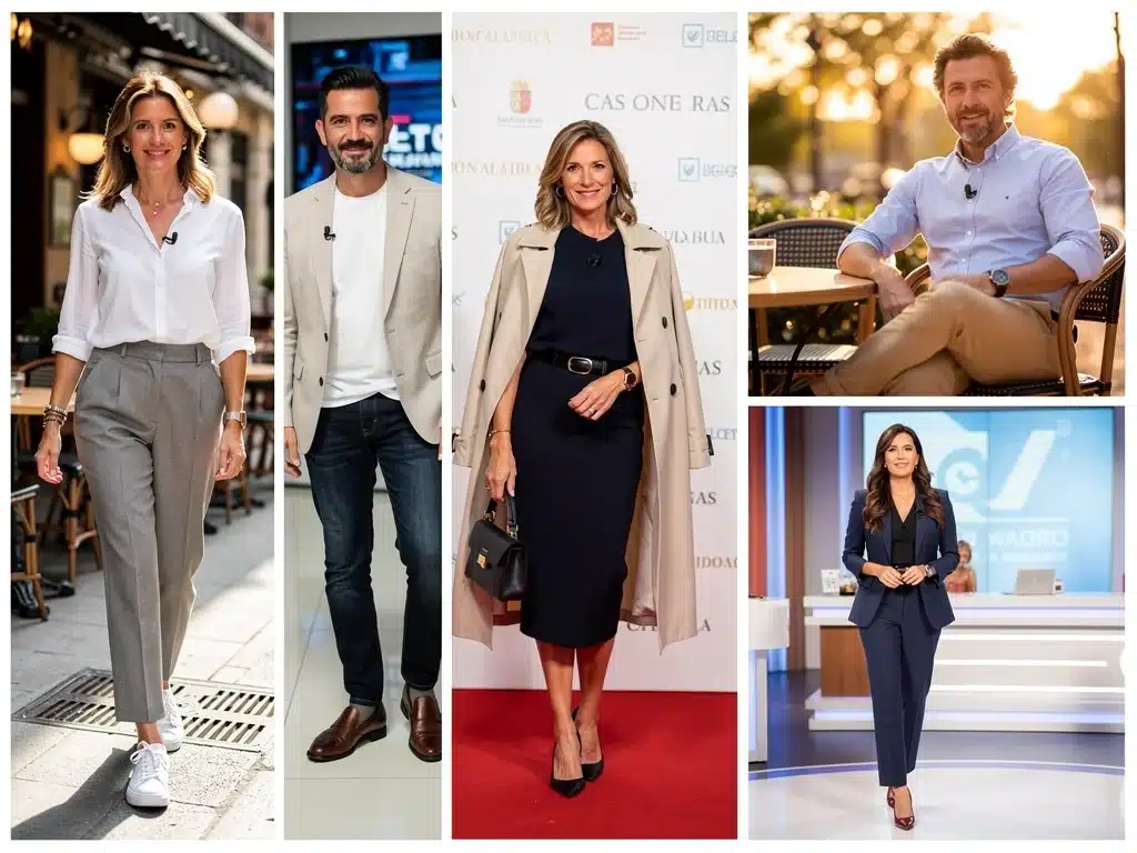 Montaje de famosas de la televisión española demostrando la versatilidad de sus armarios cápsula de 10 prendas en diferentes ocasiones.